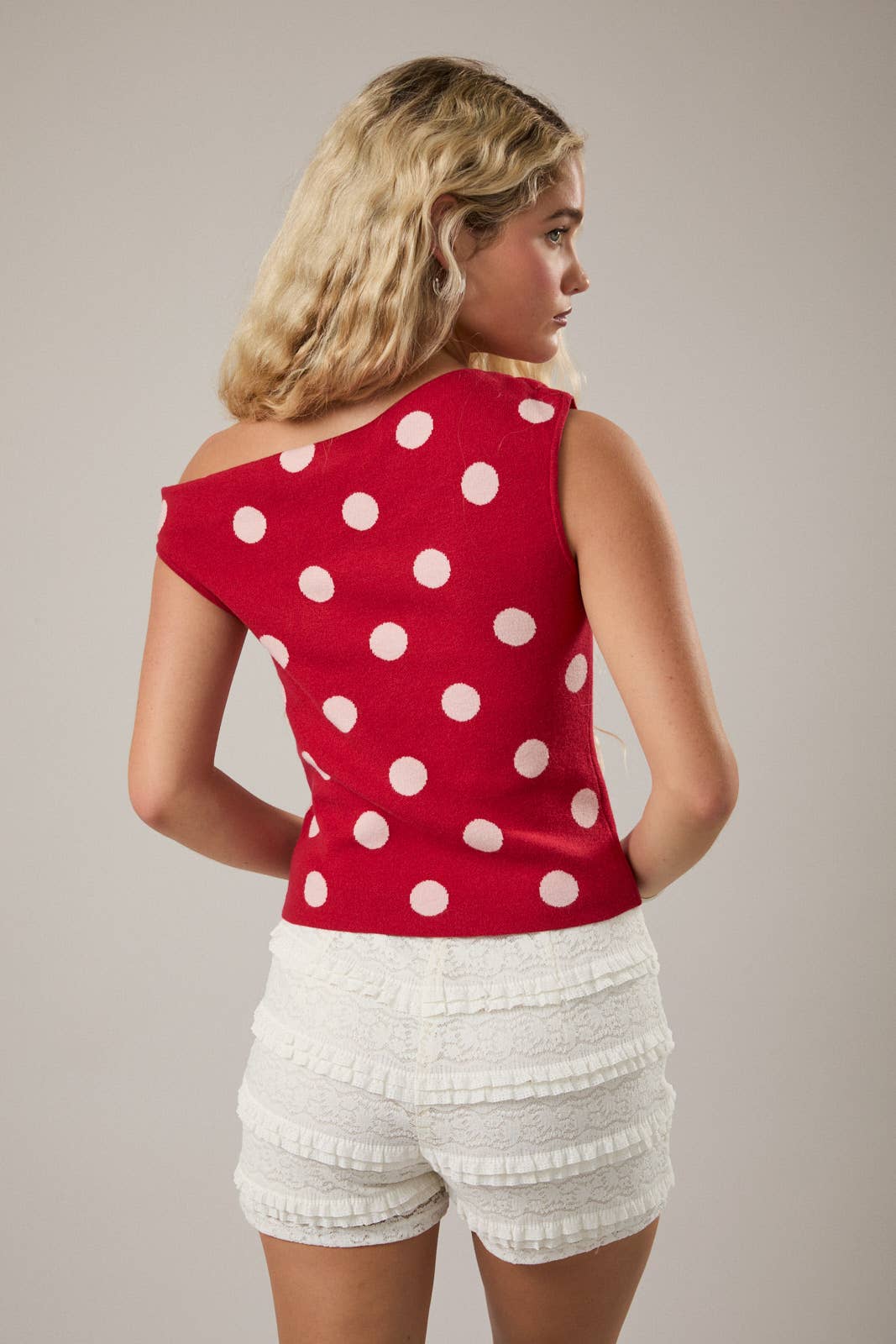 POLKA DOT DETAIL ASYMMETRICAL NECK SWEATER TOP