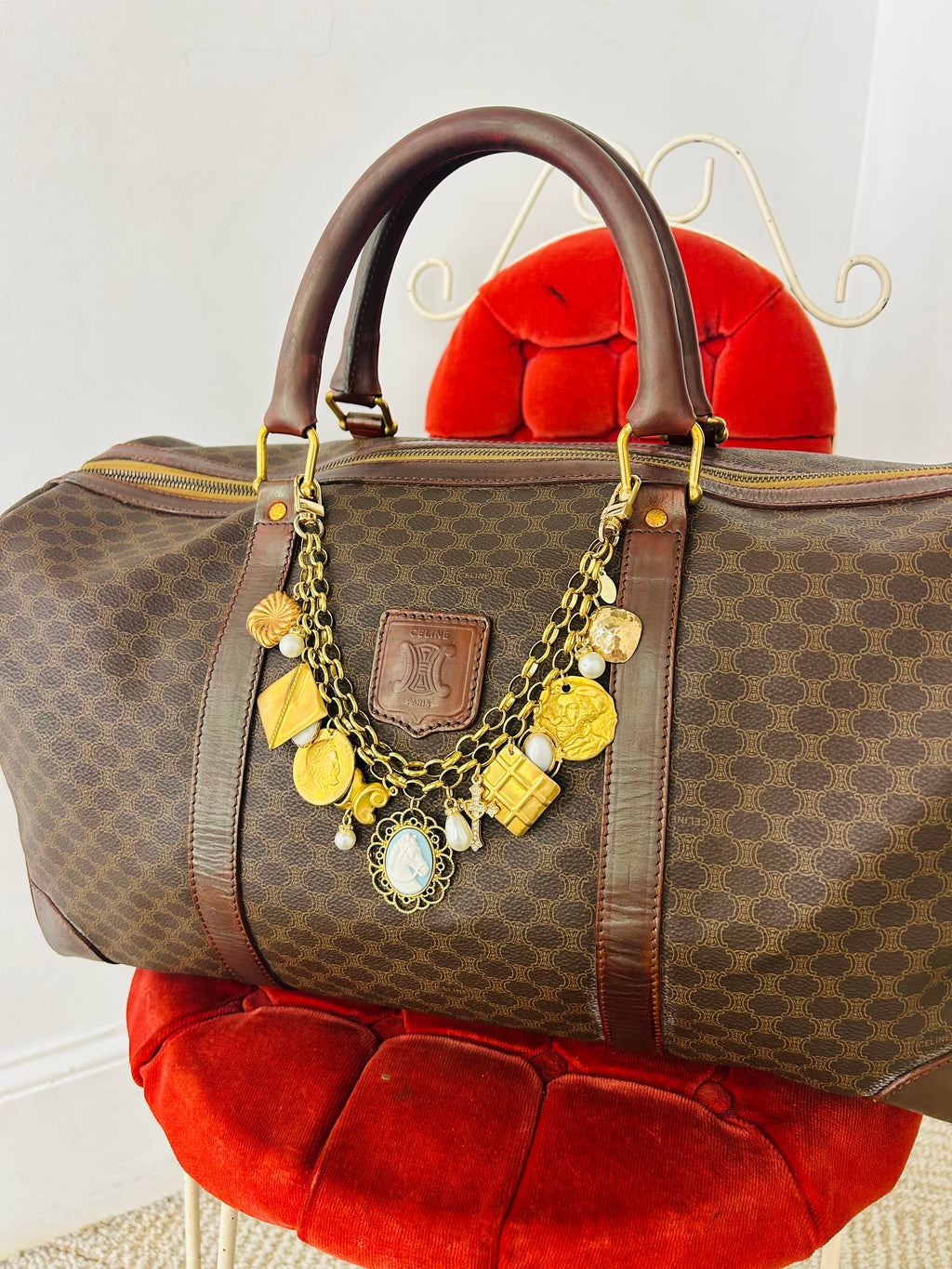 OOAK Authentic Vintage Céline Macadam 48-Hour Boston Travel Bag w/ Removable LS Custom Bag Chains