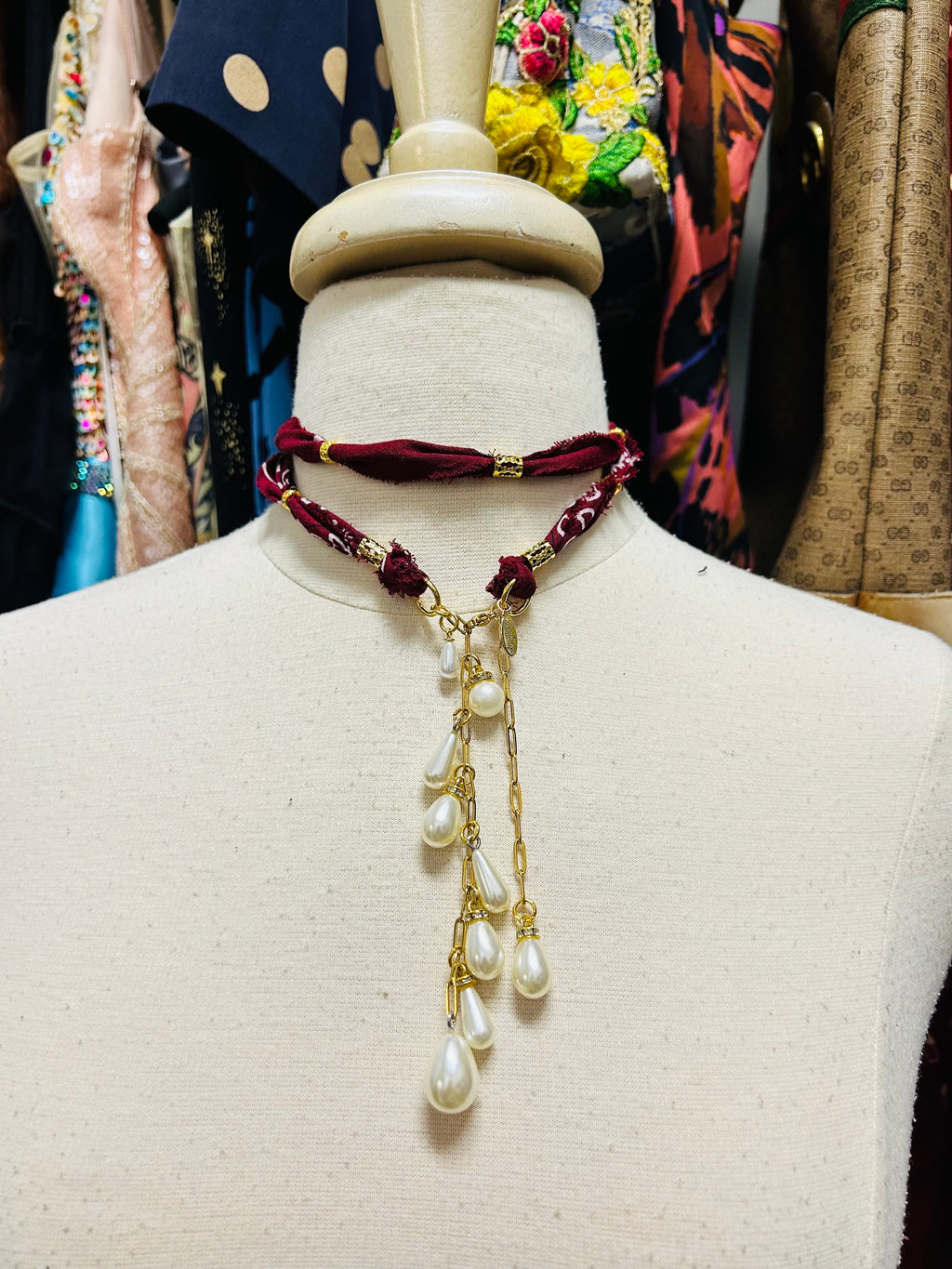Handmade Bandana & Pearl Drop Necklace or Belt
