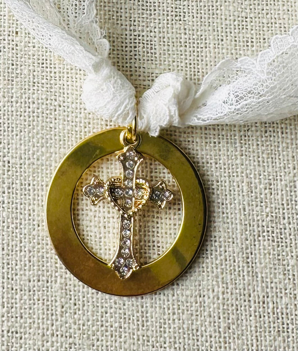 Lindy Vintage Lace & Gold Plated Disc & Rhinestone Cross Necklace