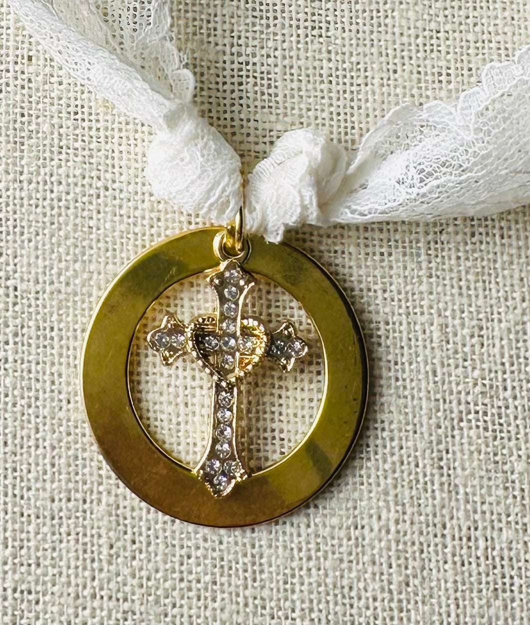 Lindy Vintage Lace & Gold Plated Disc & Rhinestone Cross Necklace