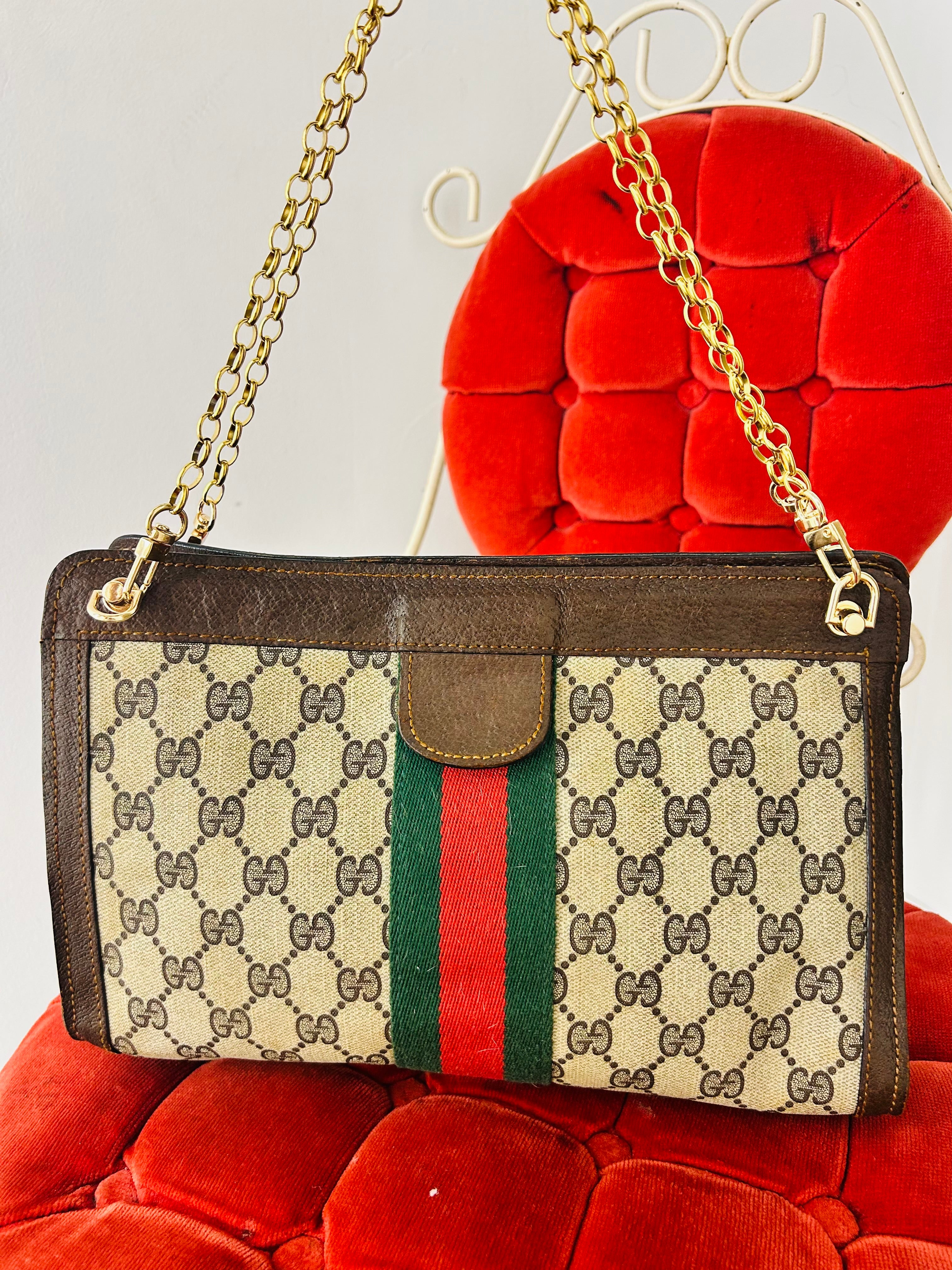 OOAK Vintage Gucci Parfums GG Supreme Web Stripe Clutch w/ Removable 18Kt Gold Plated SS Chain & Designer Bag Charm