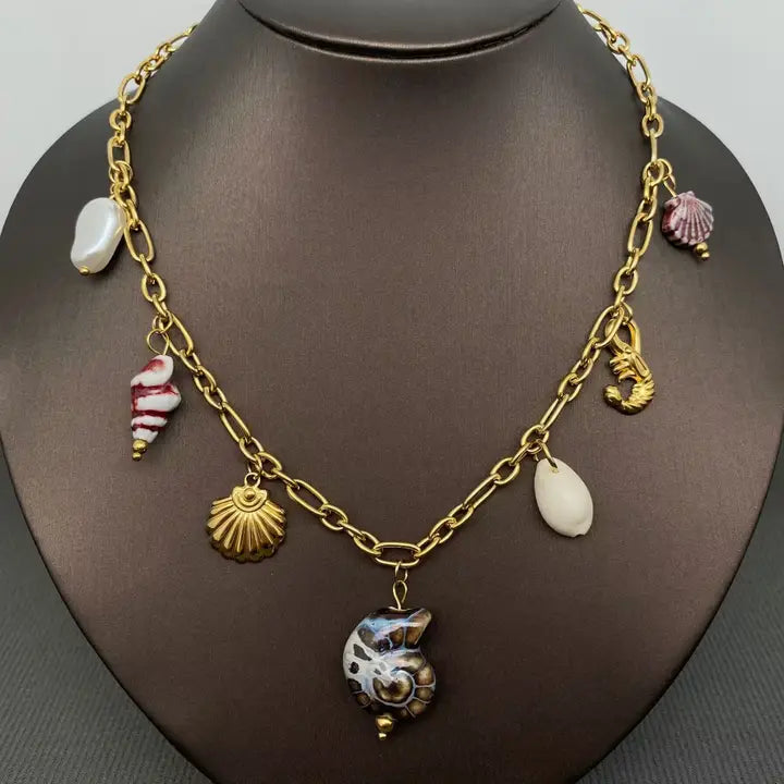 Conch & Shell & Lobster Charm 18K Golden Ss Necklace