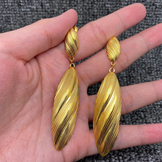 18K Gold Plated S.Steel Striped Oval Dangle Earrings