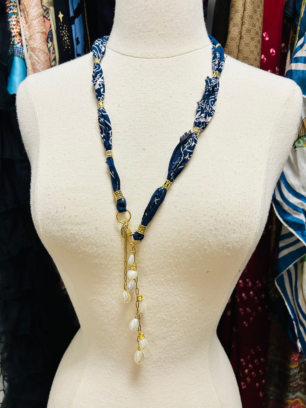 Handmade Bandana & Pearl Drop Necklace or Belt