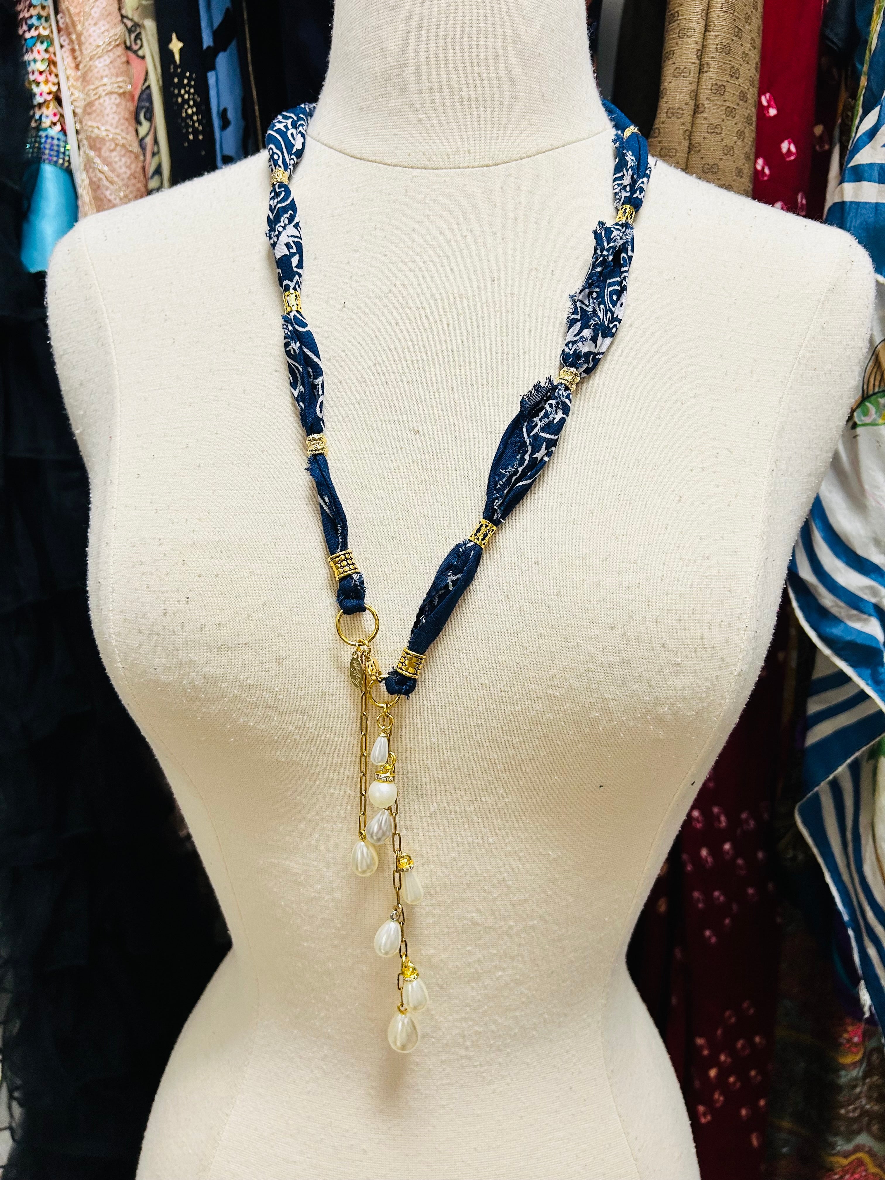 Handmade Bandana & Pearl Drop Necklace or Belt