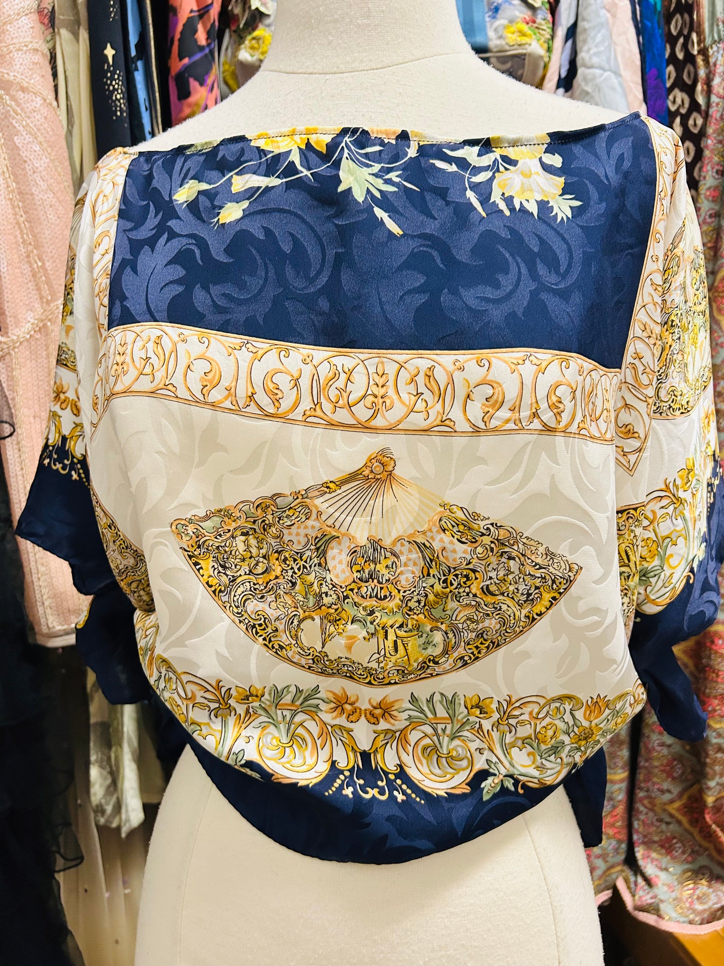 OOAK Fan Print Silk Scarf Top