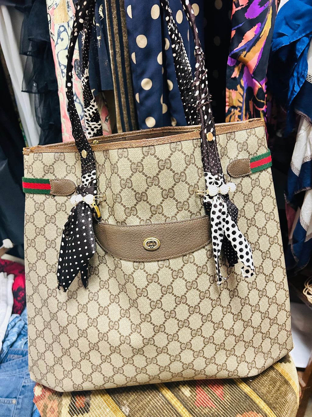 OOAK Authentic Vintage Supreme Gucci Bag with scarf-wrapped handles