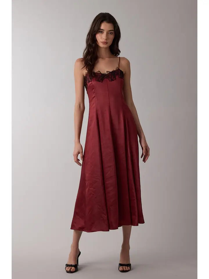 STM SATIN MIDI DRESS WITH LACE TRIM