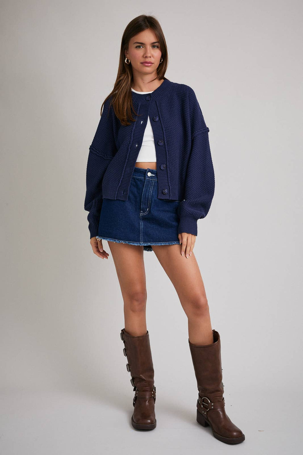 LONG SLEEVE CREW NECK WAFFLE KNIT CARDIGAN