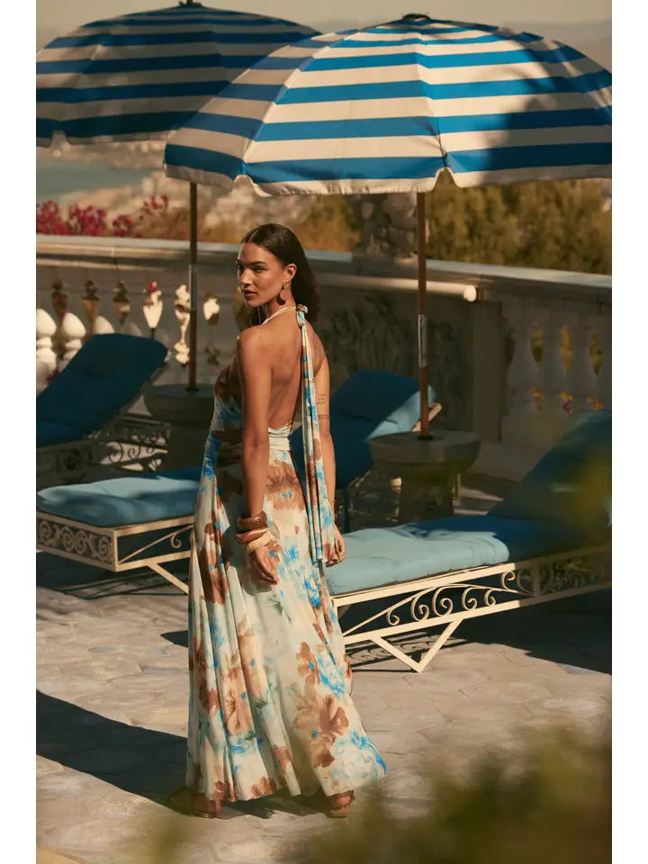 Floral-Print Mesh Halter-Neck Cutout Maxi Dress