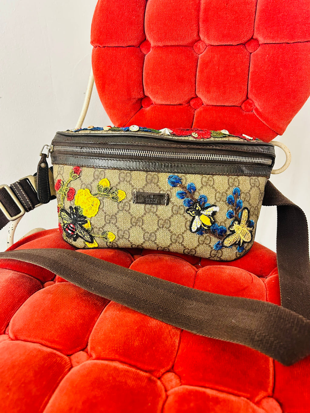 OOAK Upcycled Vintage Gucci GG Canvas Floral & Bee Belt Bag