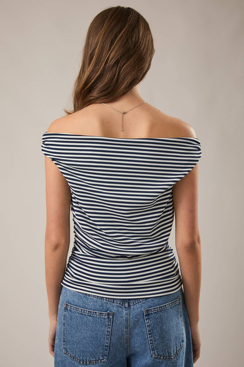 STRIPE OFF THE SHOULDER DOUBLE LINED TOP WITH RUCHING