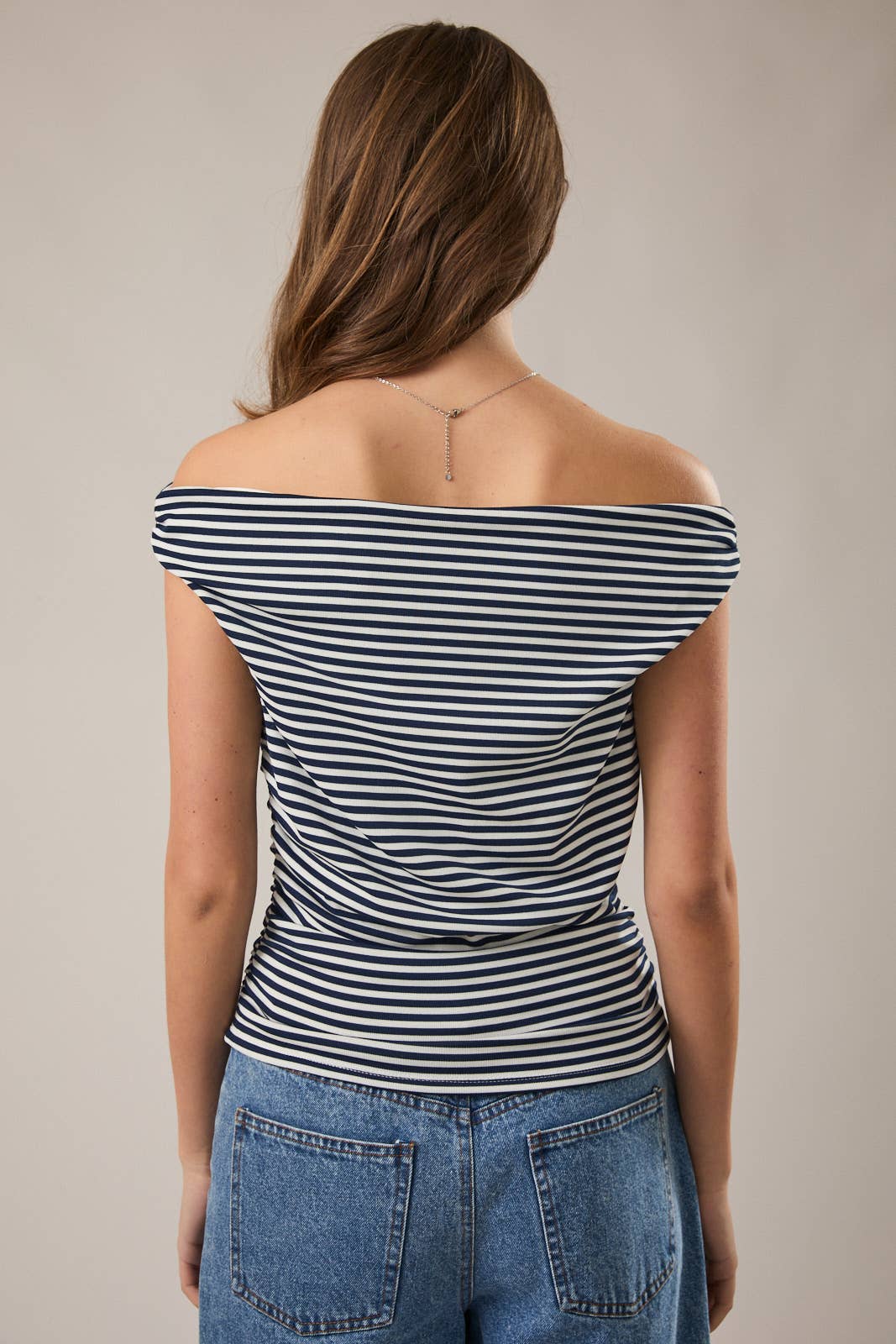 STRIPE OFF THE SHOULDER DOUBLE LINED TOP WITH RUCHING