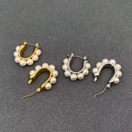 Inlaid Pearls 18K Gold Plated S.Steel Hoop Earrings