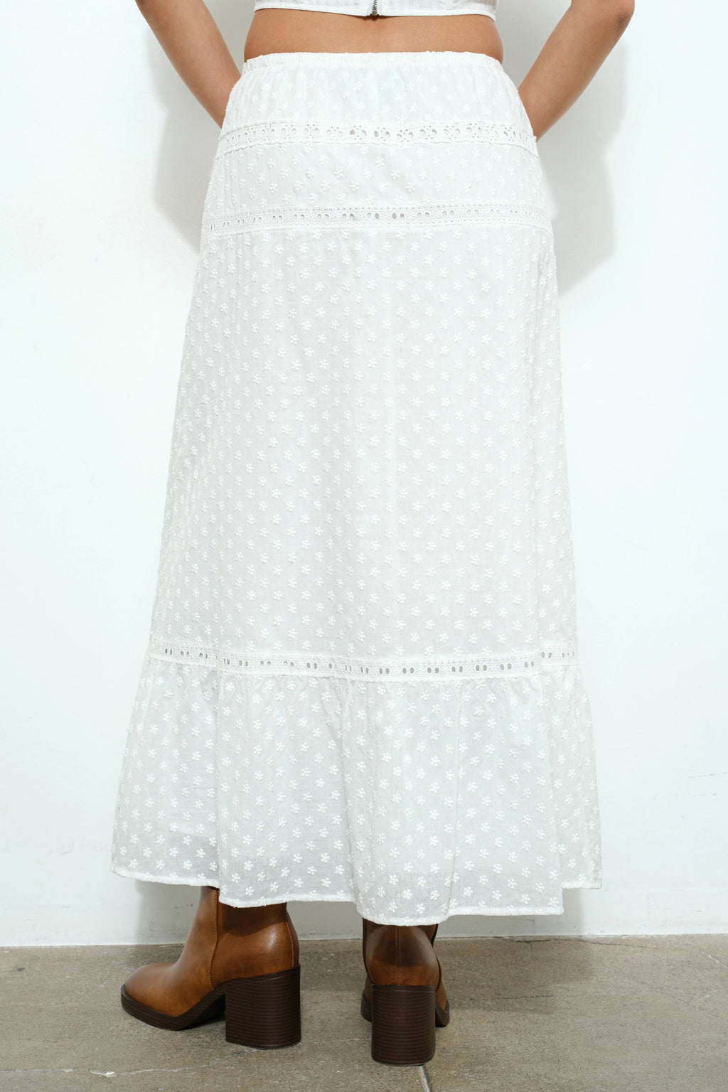 Lace Trim Eyelet Tiered Maxi Skirt