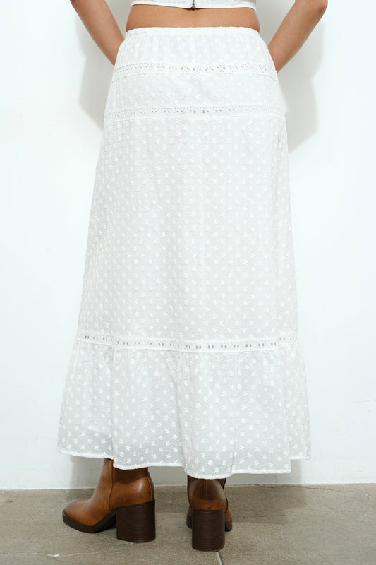Lace Trim Eyelet Tiered Maxi Skirt