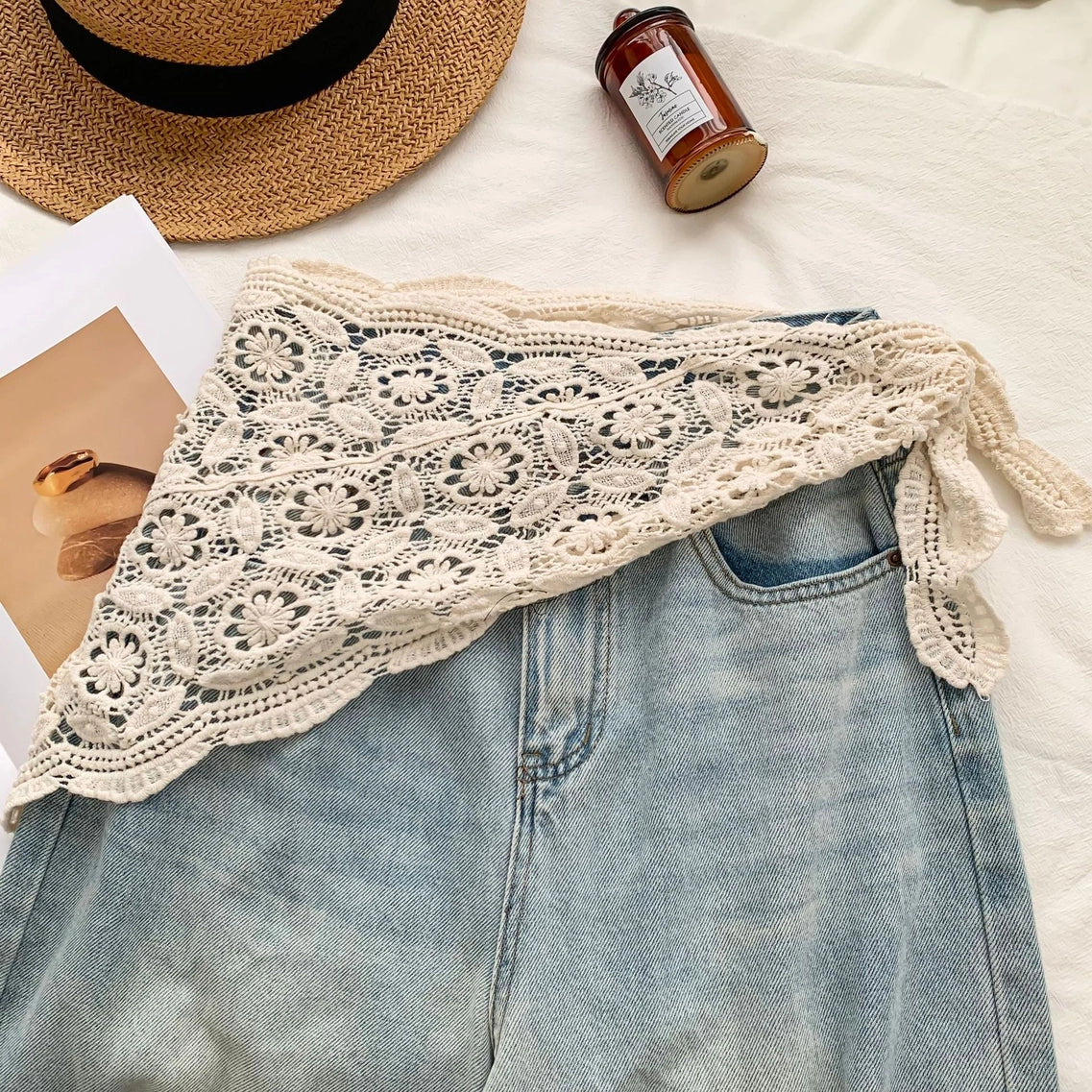 Cut Out Lace Crocheted Triangular Scarf