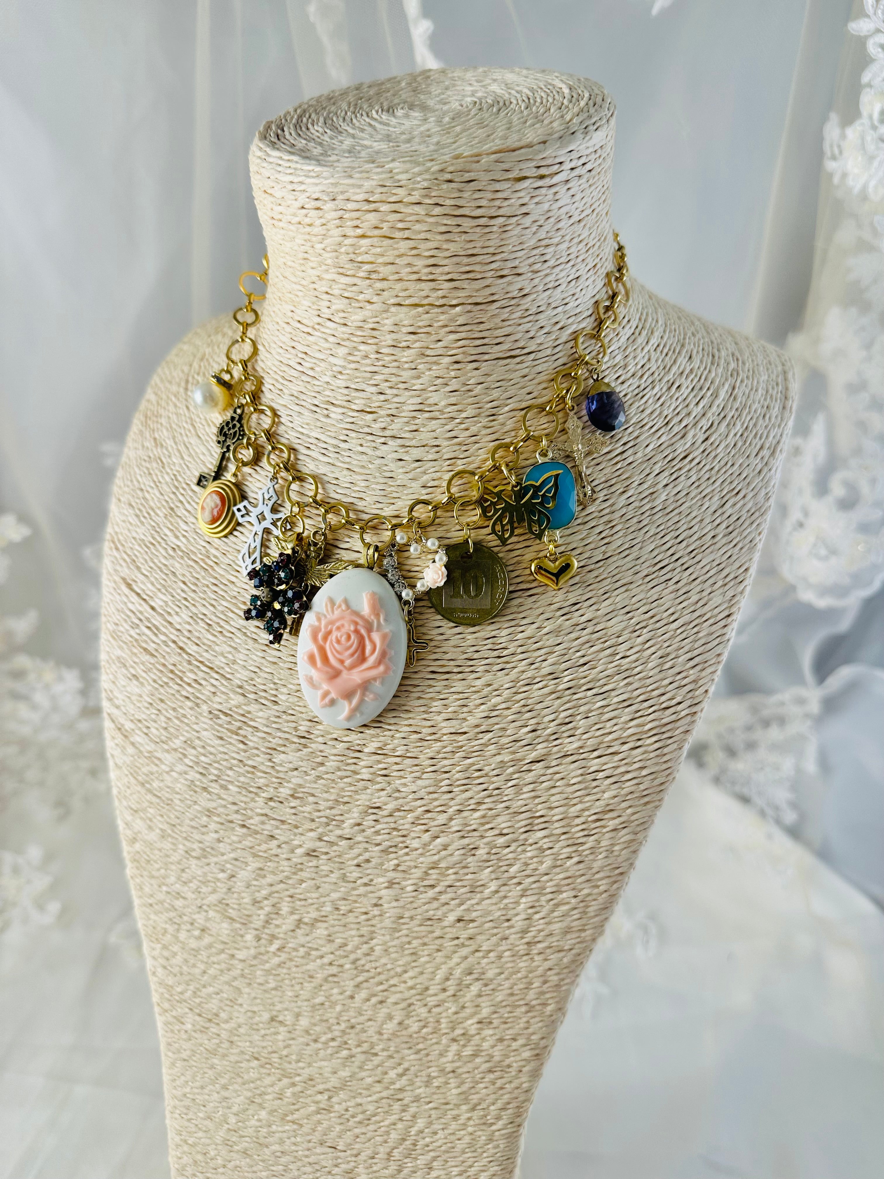 OOAK Pink Rose Cameo Charm Necklace