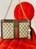 OOAK Vintage Gucci Parfums GG Supreme Web Stripe Clutch w/ Removable 18Kt Gold Plated SS Chain & Designer Bag Charm