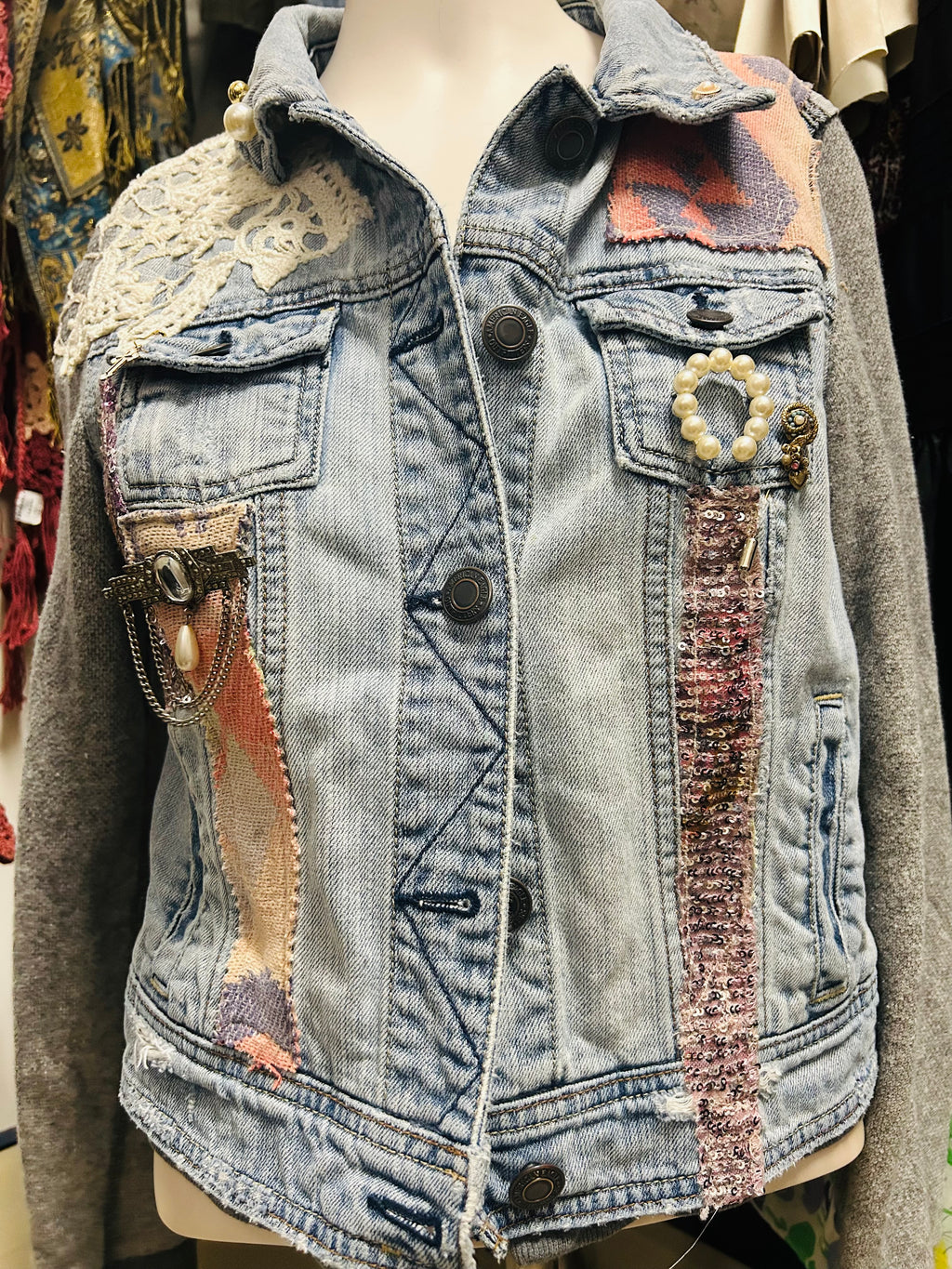 OOAK Vintage Denim Sweatshirt Sleeve Jacket