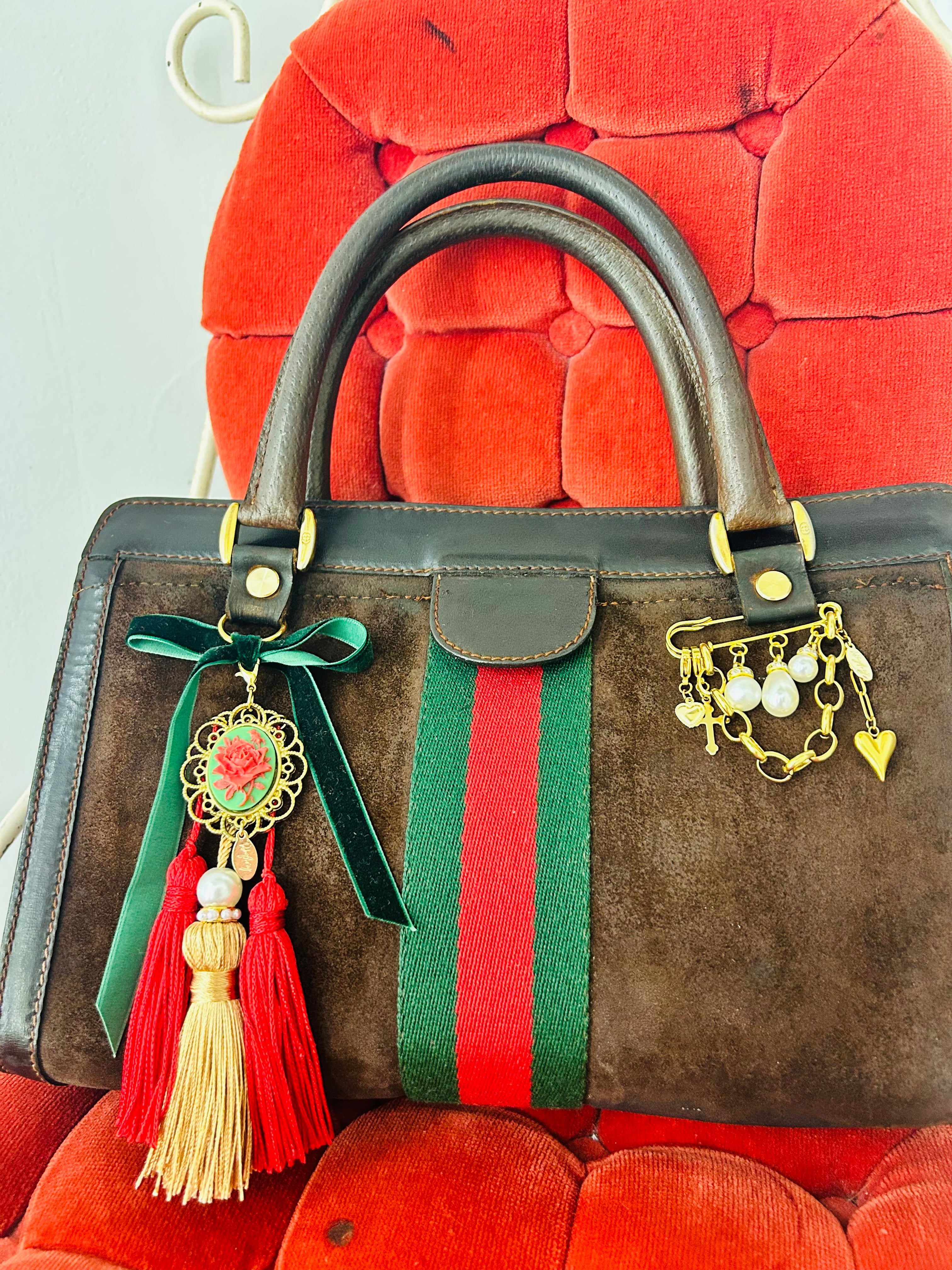 OOAK Authentic Vintage Gucci Suede Web Clutch–Turned–Top Handle Bag w/ Handmade Libby Story Charms