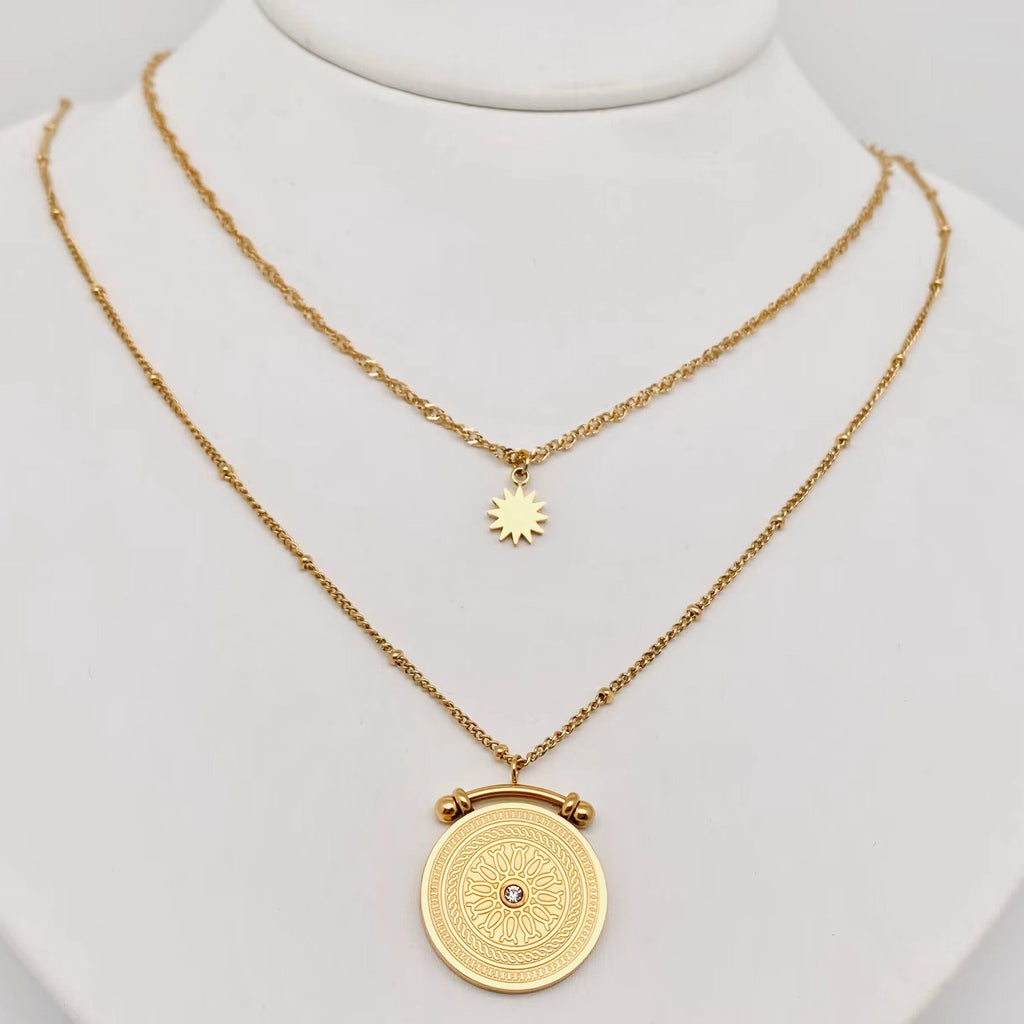 Sun Compass Pendant Double Layer Necklace