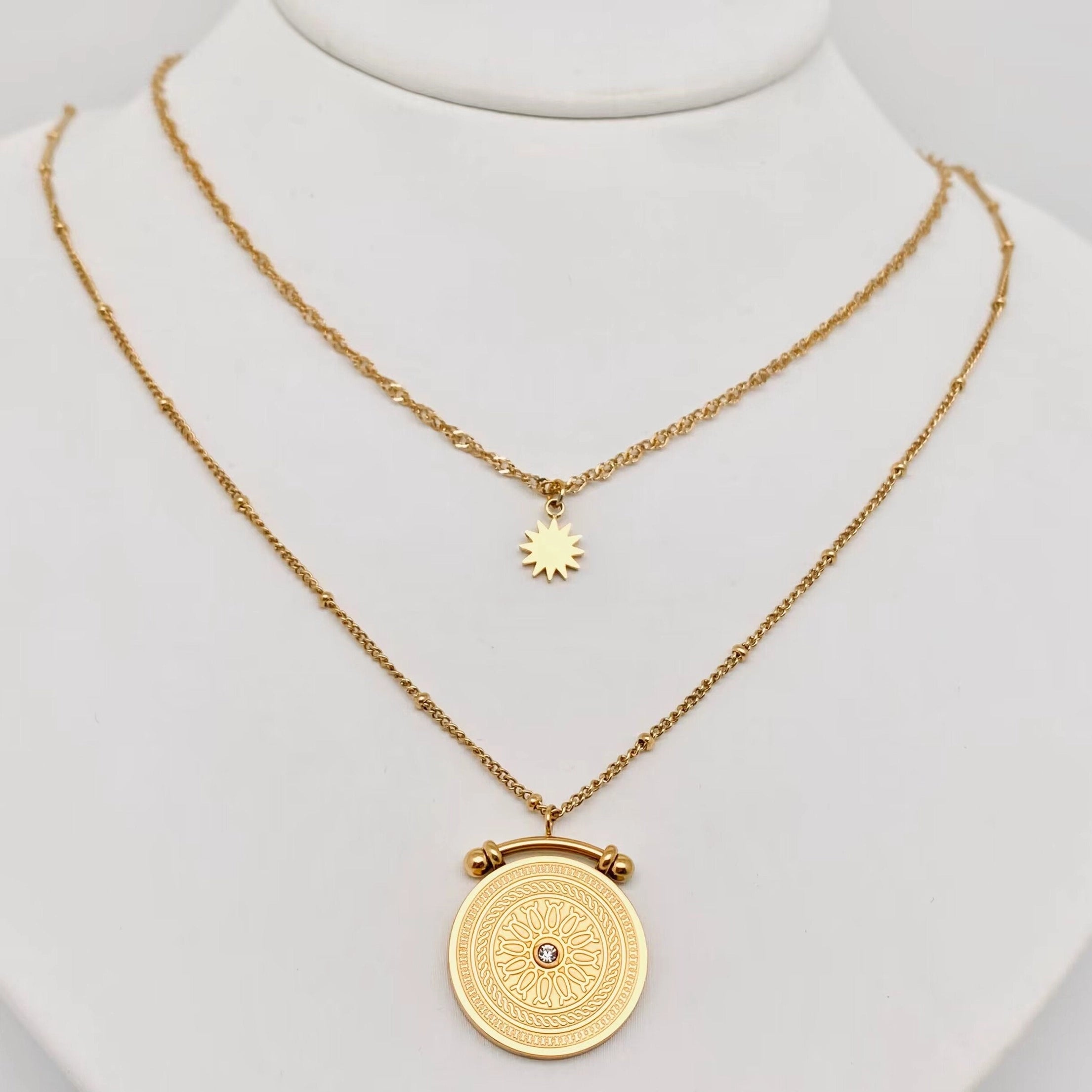 Sun Compass Pendant Double Layer Necklace