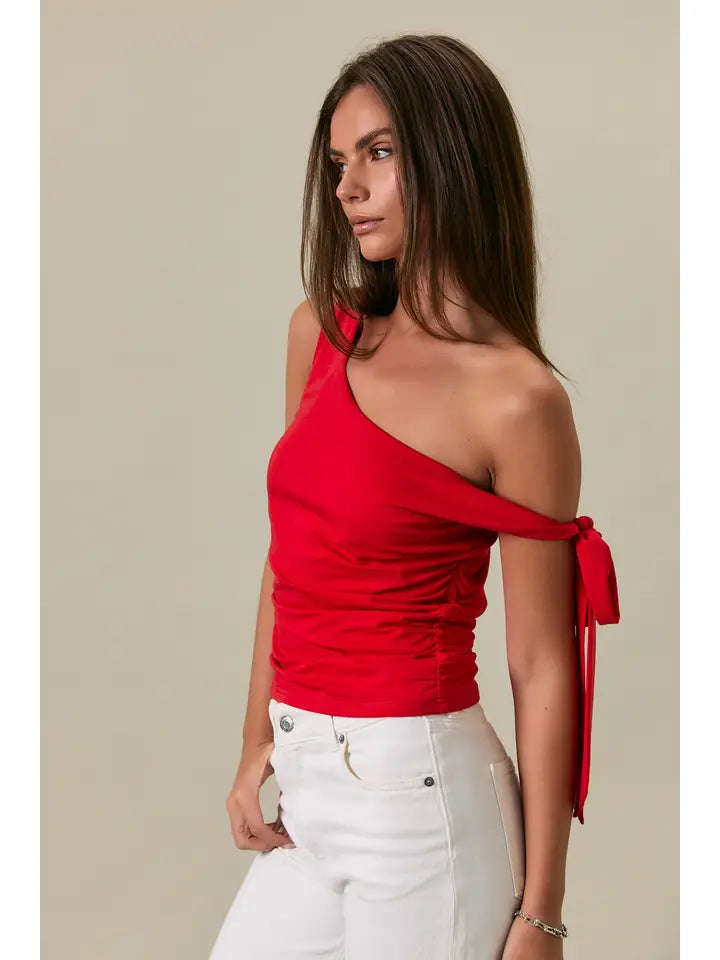Self Double One Shoulder Tie Detail Top