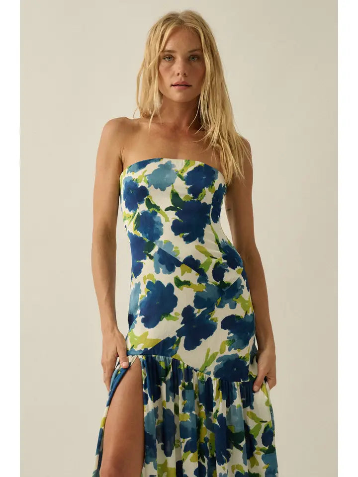 Floral-Print Crepe Strapless Drop-Waist Maxi Dress