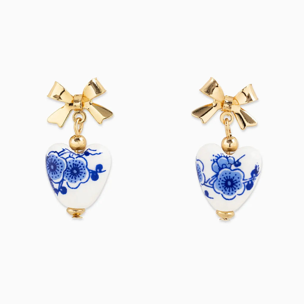 Gold Bow Ceramic Heart Drop Earrings
