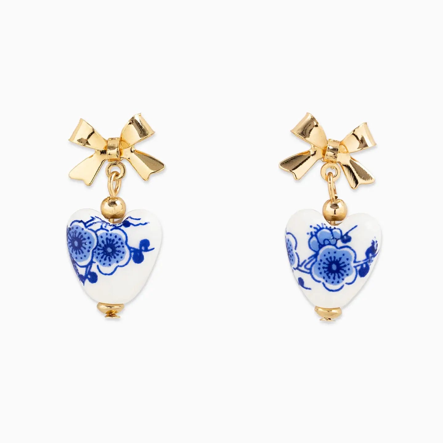 Gold Bow Ceramic Heart Drop Earrings