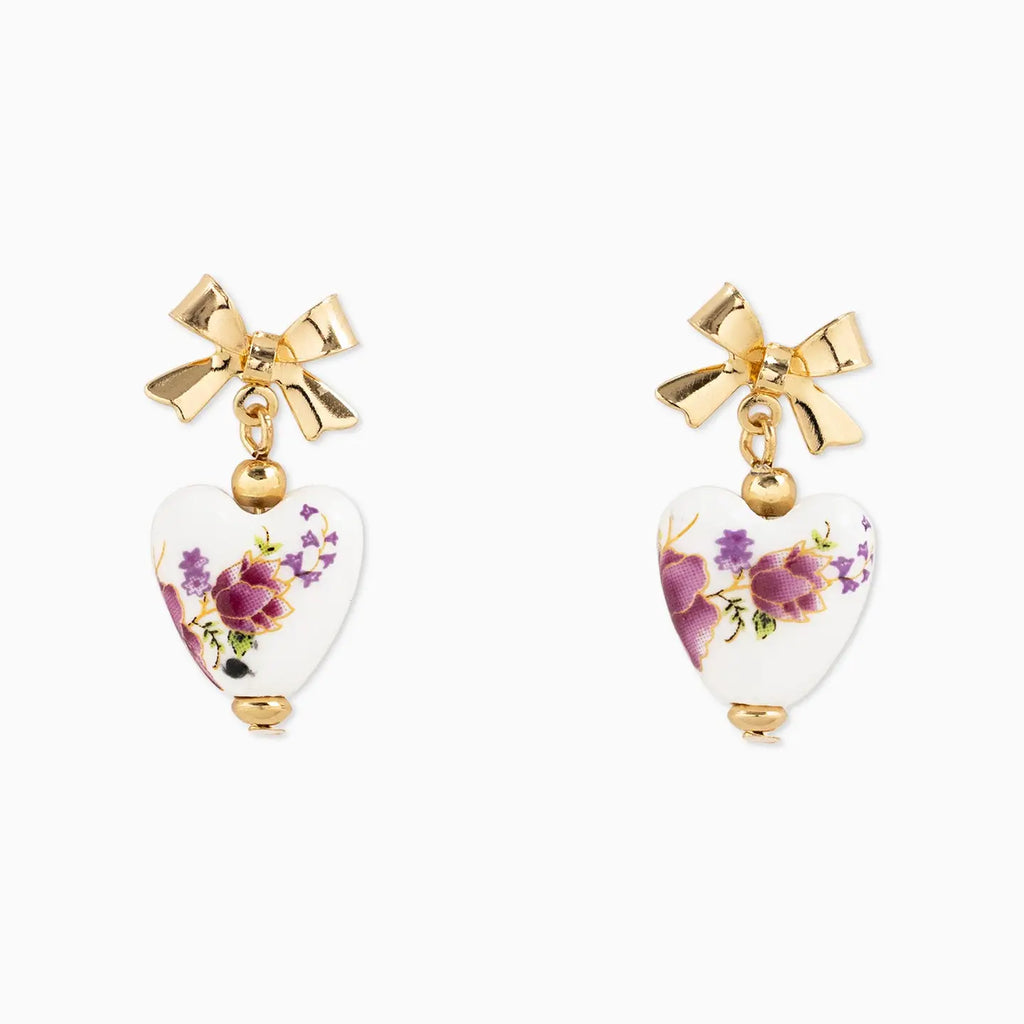 Gold Bow Ceramic Heart Drop Earrings