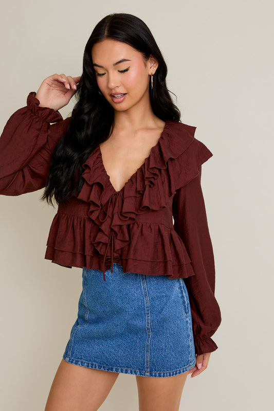 Long Sleeve V-Neck Ruffle Detail Crop Blouse
