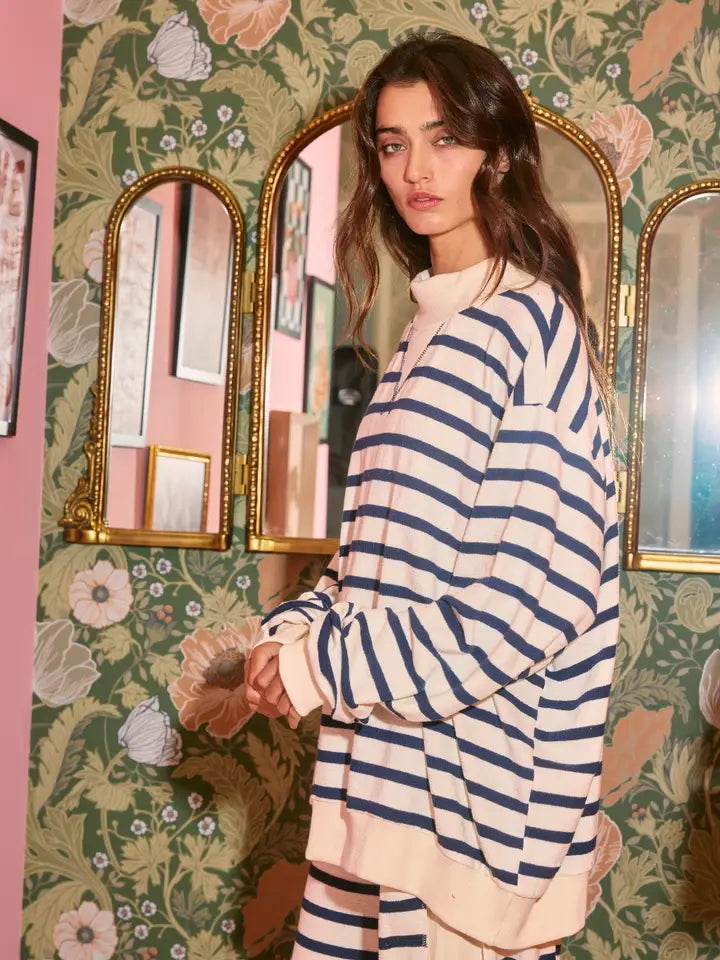 Ribbed Details Striped Oversized Top