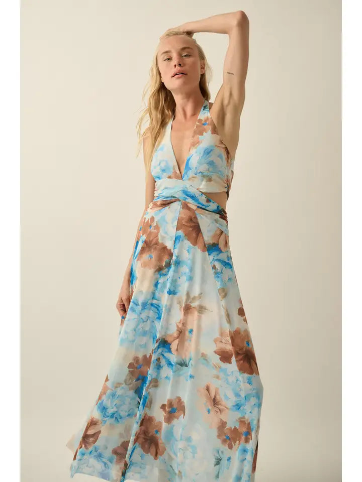 Floral-Print Mesh Halter-Neck Cutout Maxi Dress