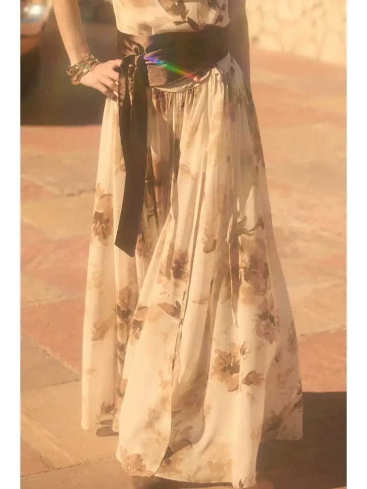 Floral Print Chiffon Tie Waist Maxi Skort