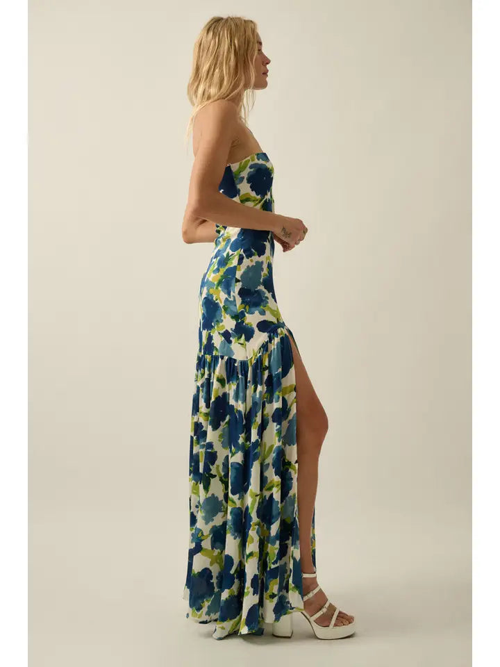 Floral-Print Crepe Strapless Drop-Waist Maxi Dress