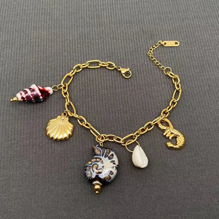 Conch & Shell & Lobster Charm 18K Golden Ss Bracelets