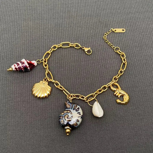 Conch & Shell & Lobster Charm 18K Golden Ss Bracelets