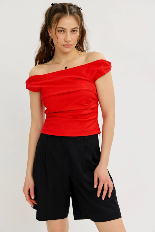 Off the Shoulder Stretchy Draped Top with Zipper