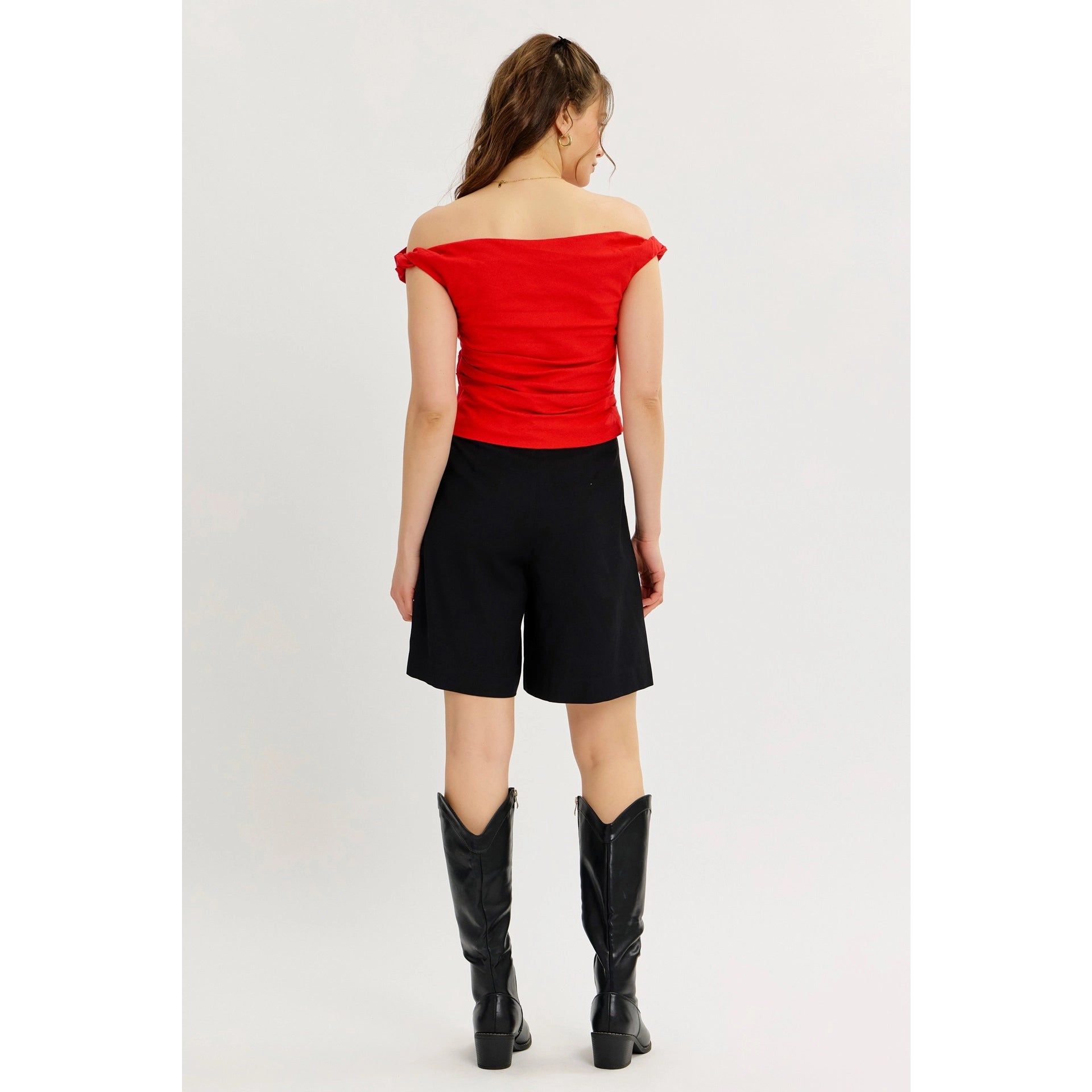 Off the Shoulder Stretchy Draped Top with Zipper