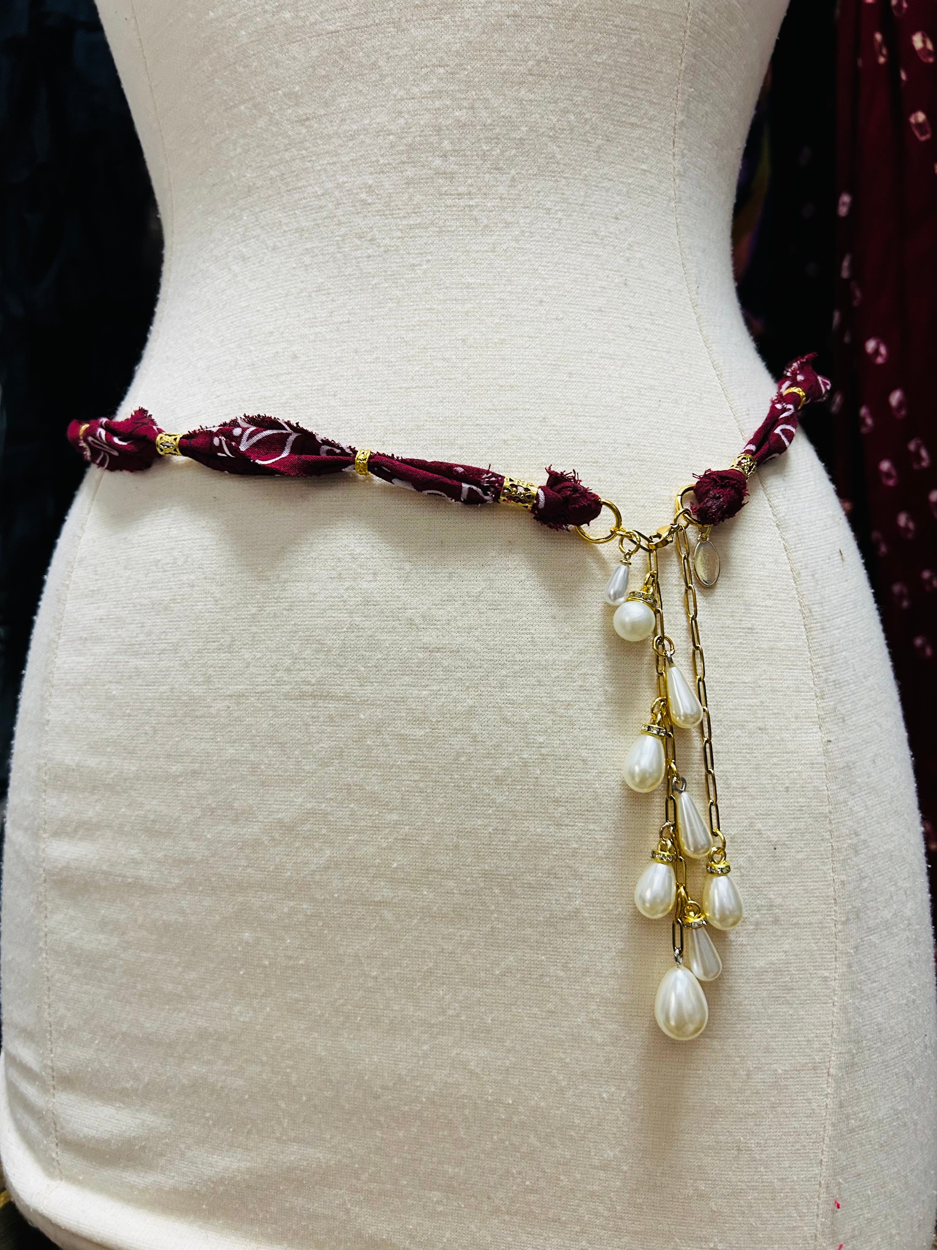 Handmade Bandana & Pearl Drop Necklace or Belt