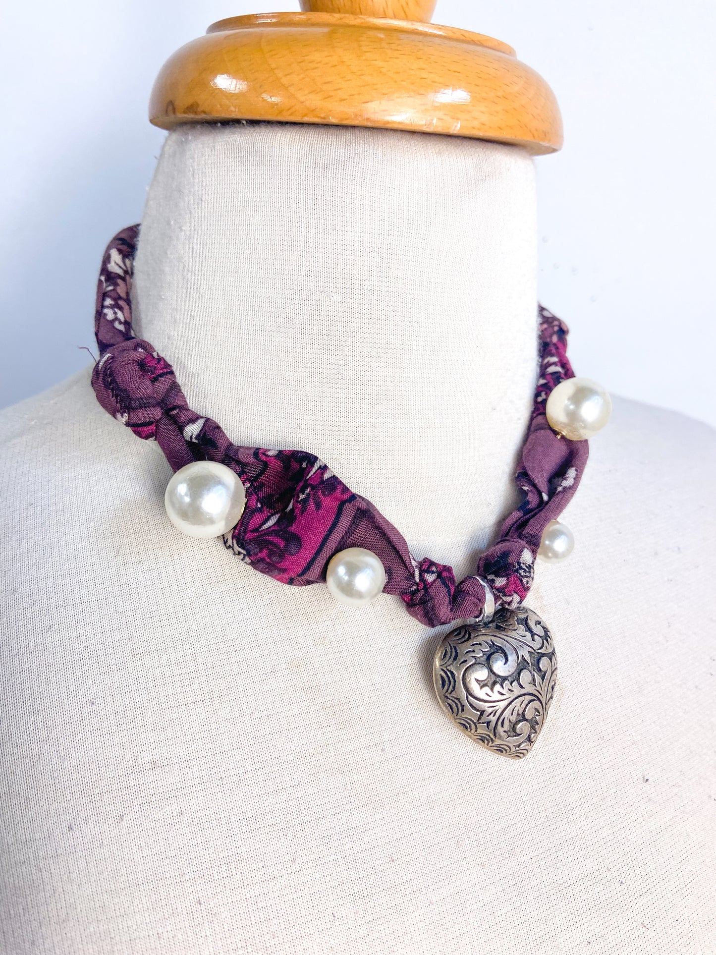 OOAK Vintage Heart and Pearl Pin Scarf Necklace