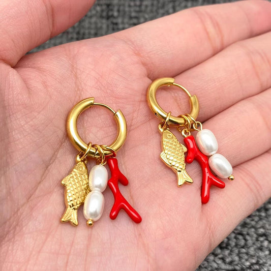 Fish & Pearls & Coral 18K Gold Plated Ss Huggie Earrings
