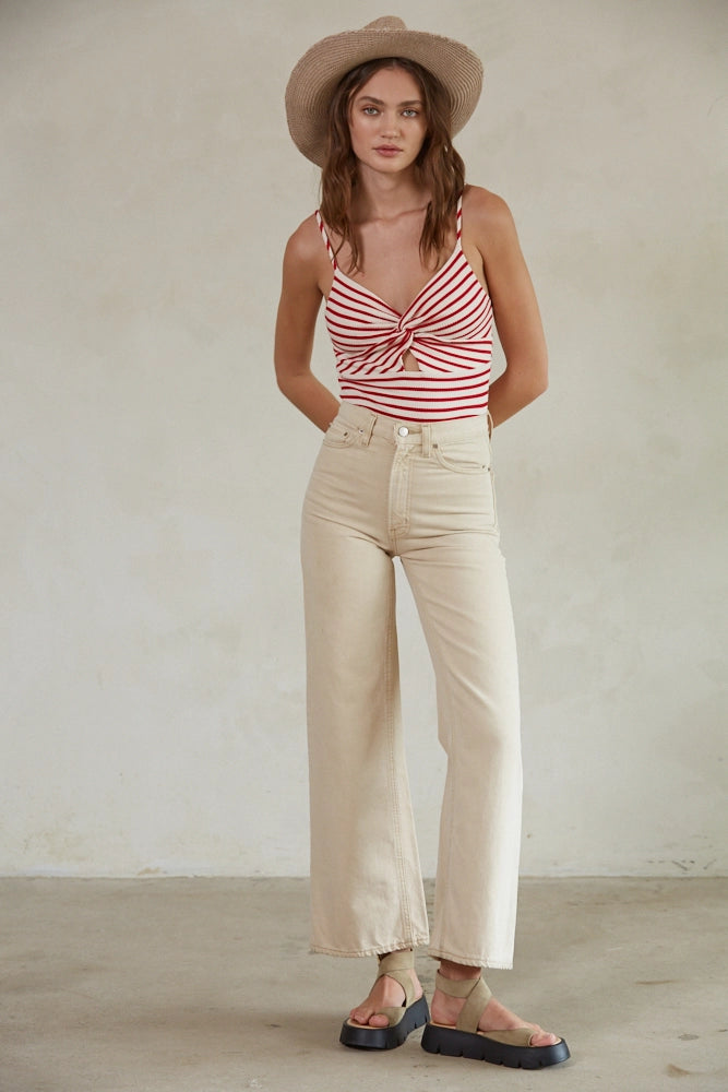 Ribbed Striped Front Chest Twisted Cami Bodysuit