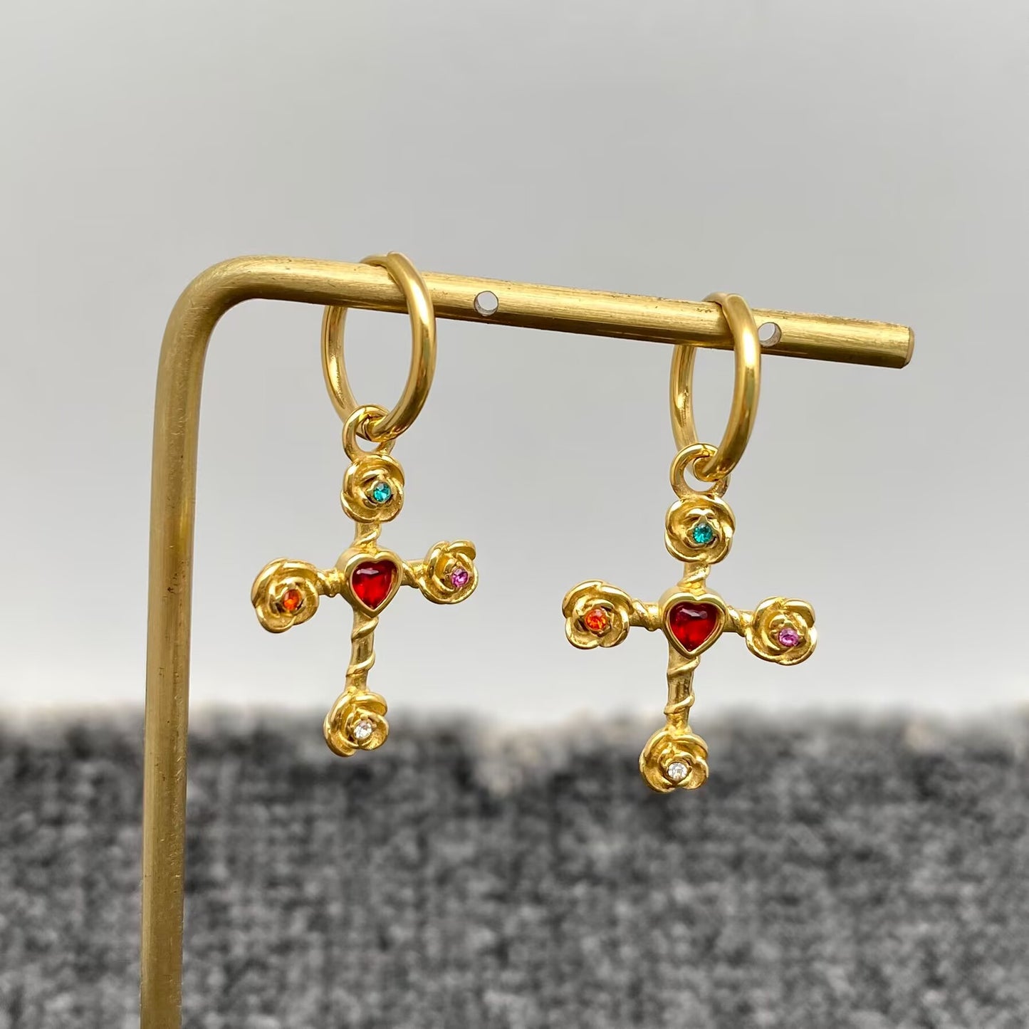 Inlaid Cz 18K Golden S.Steel Rose Cross Huggie Earrings