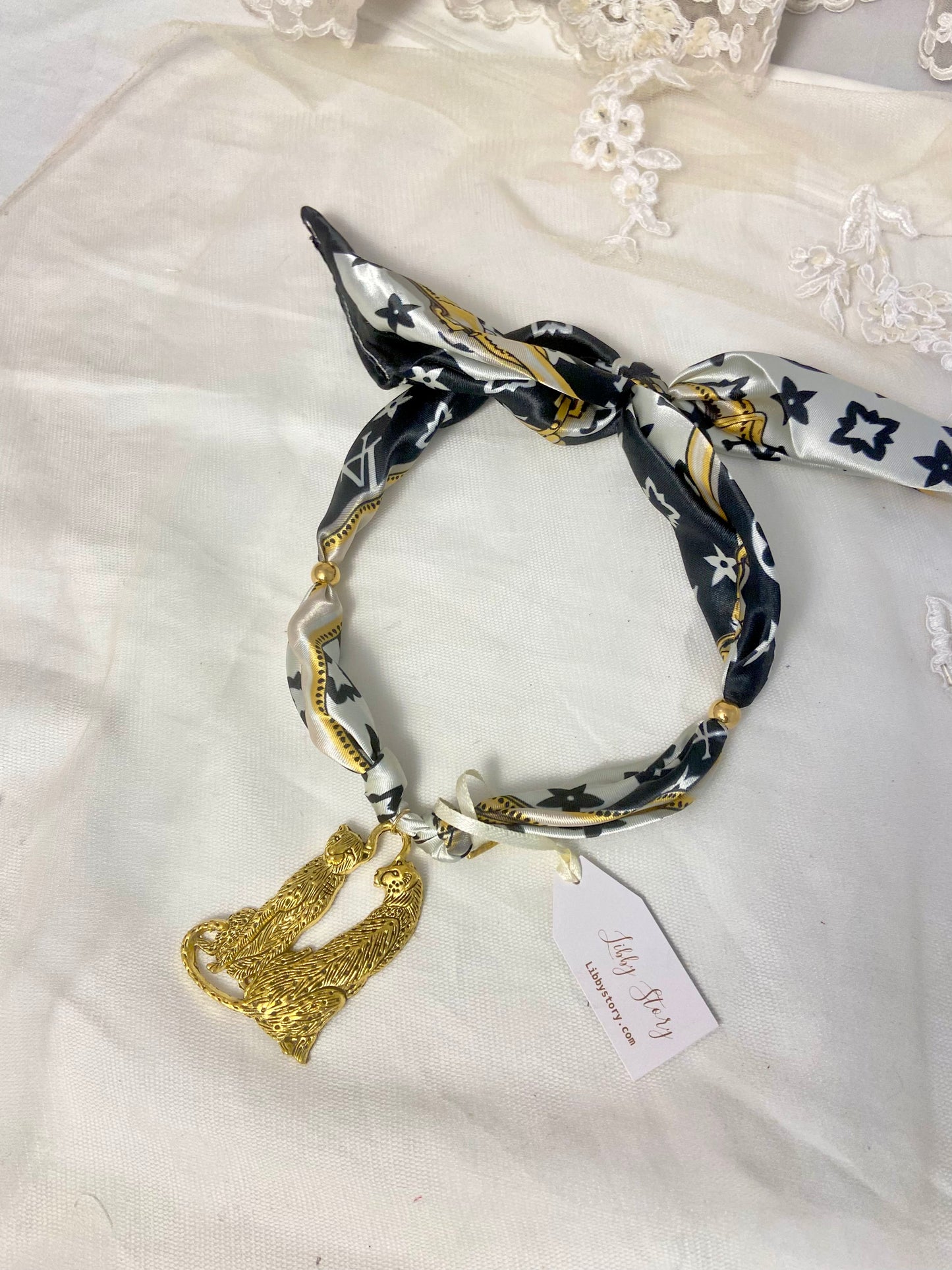 Satin Scarf & Metal Leopard Pendant