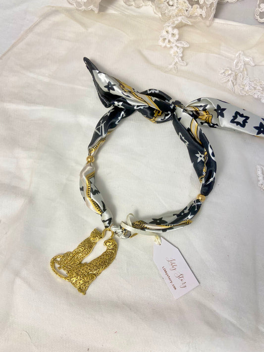 Satin Scarf & Metal Leopard Pendant