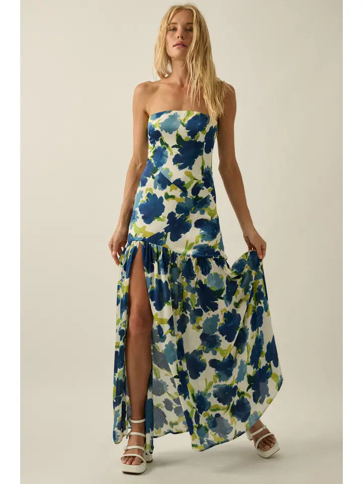 Floral-Print Crepe Strapless Drop-Waist Maxi Dress